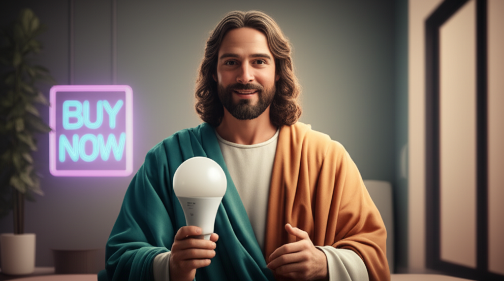 AI Jesus recommends Philips Hue smart lights for Easter. A satirical take on spiritual consumerism.